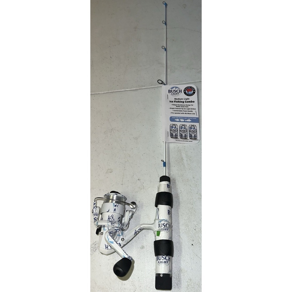 Busch Light Medium Light Ice Fishing Combo Spinning Reel Rod White Blue Black 26